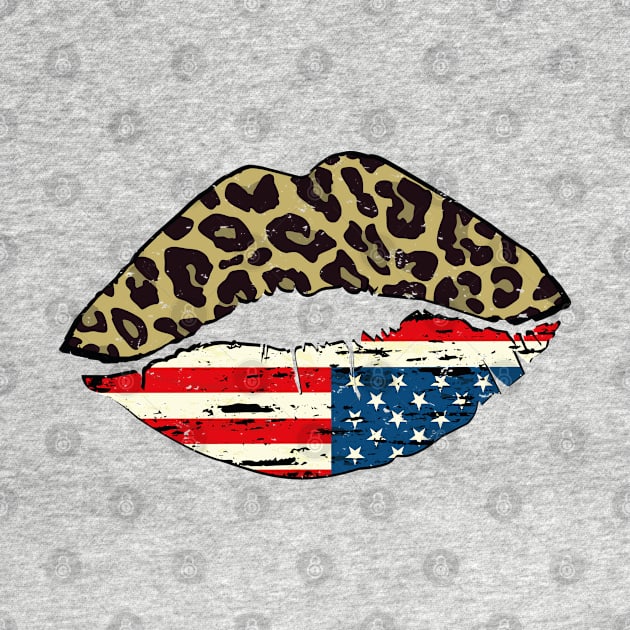 Leopard Patriotic Kiss,4th of July,American flag lips, Cheetah Pattern & American Kiss by WassilArt